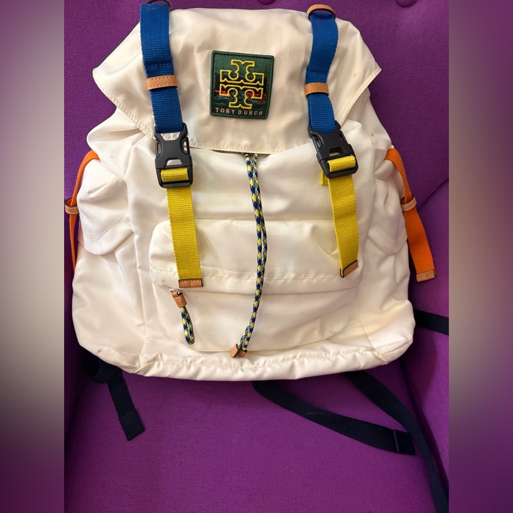Tory Burch White Backpack with Blue and Yellow Accents